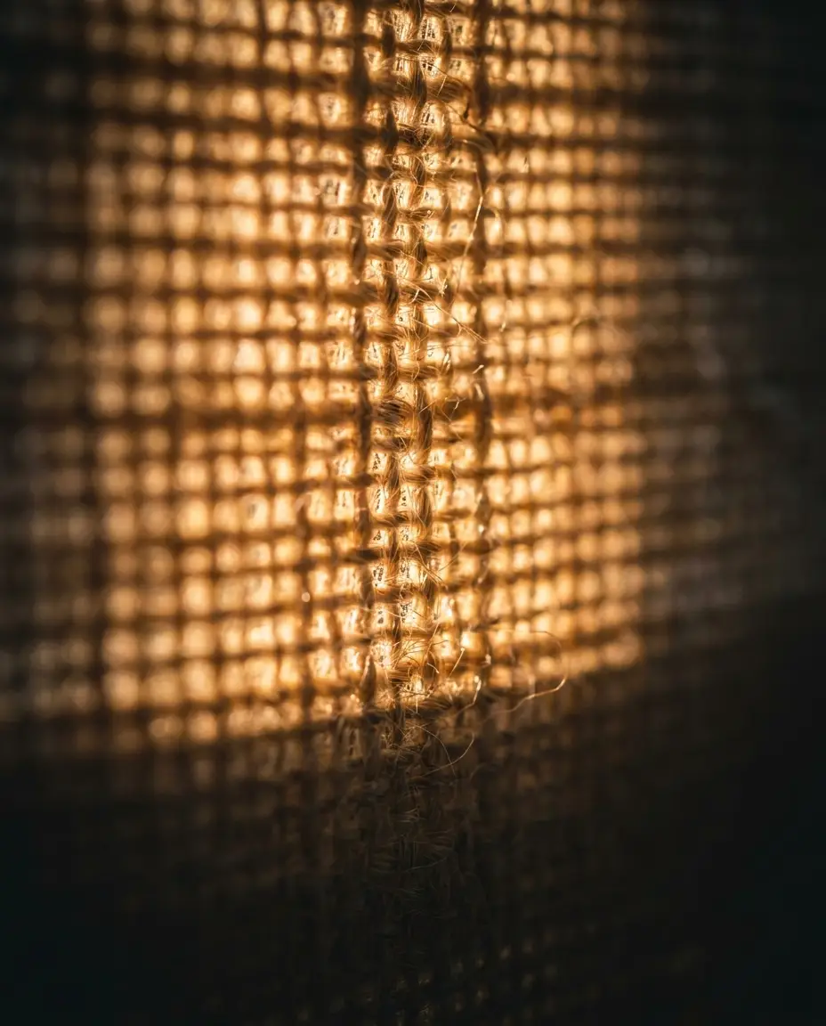 Macro detail of woven linen shade fabric glowing with backlight