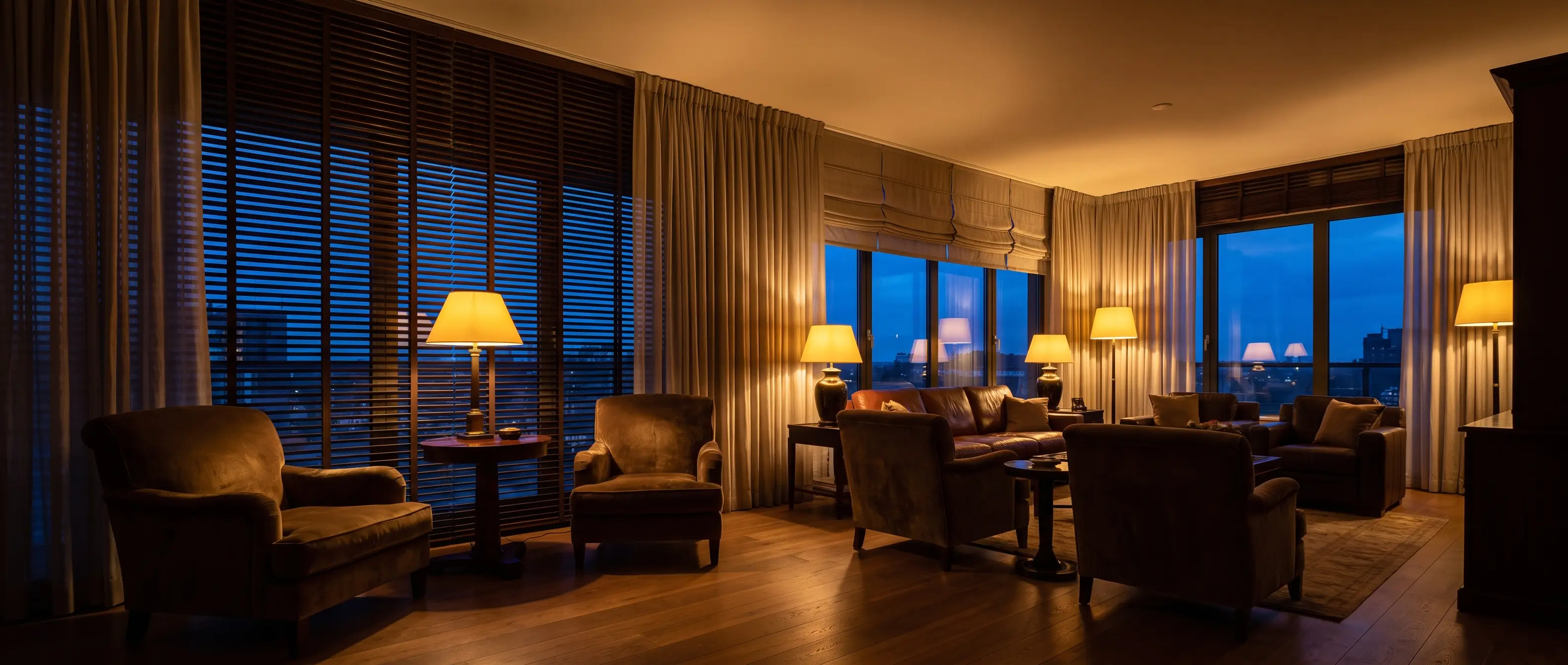 A wall of tall windows at dusk with layered blinds, shades and drapery glowing warmly