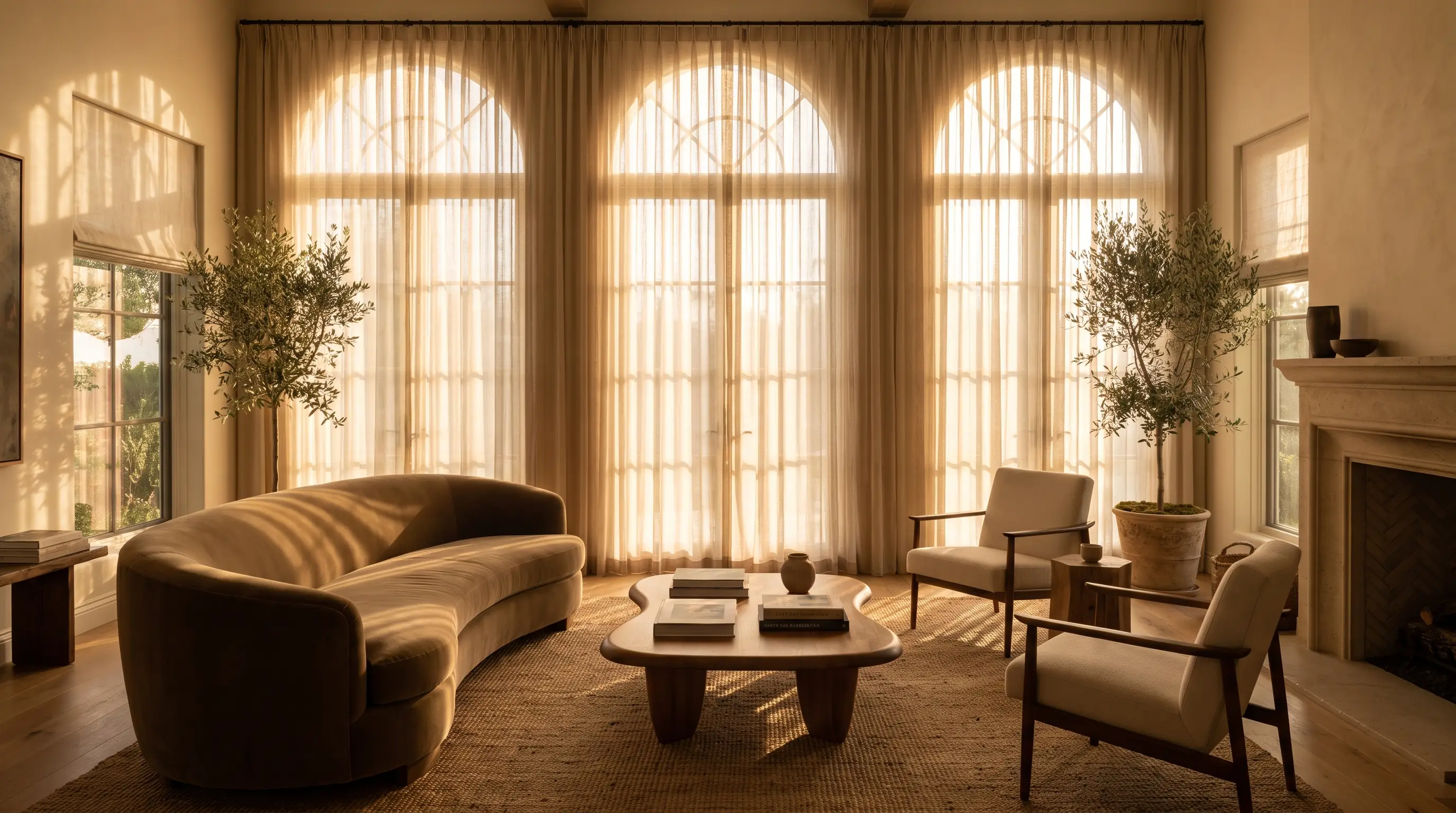 Bright living room with sunlight glowing through sheer window treatments
