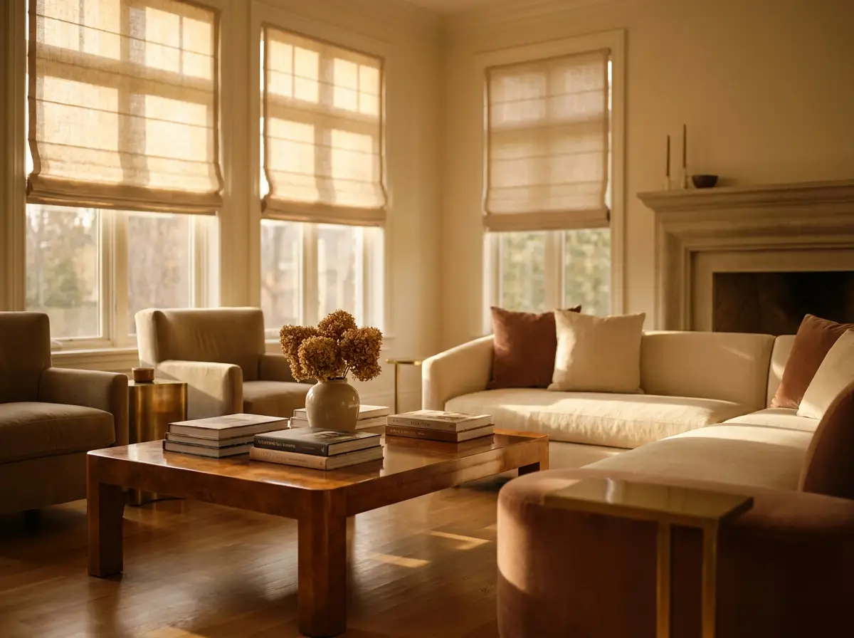 A finished living room with roman shades softening warm afternoon light