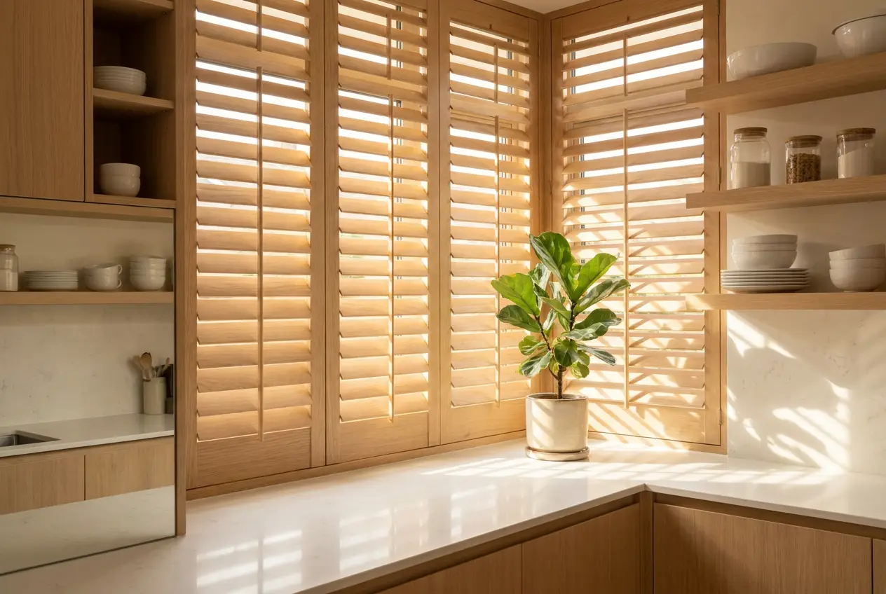 Custom walnut wood blinds with golden-hour light raking through the slats