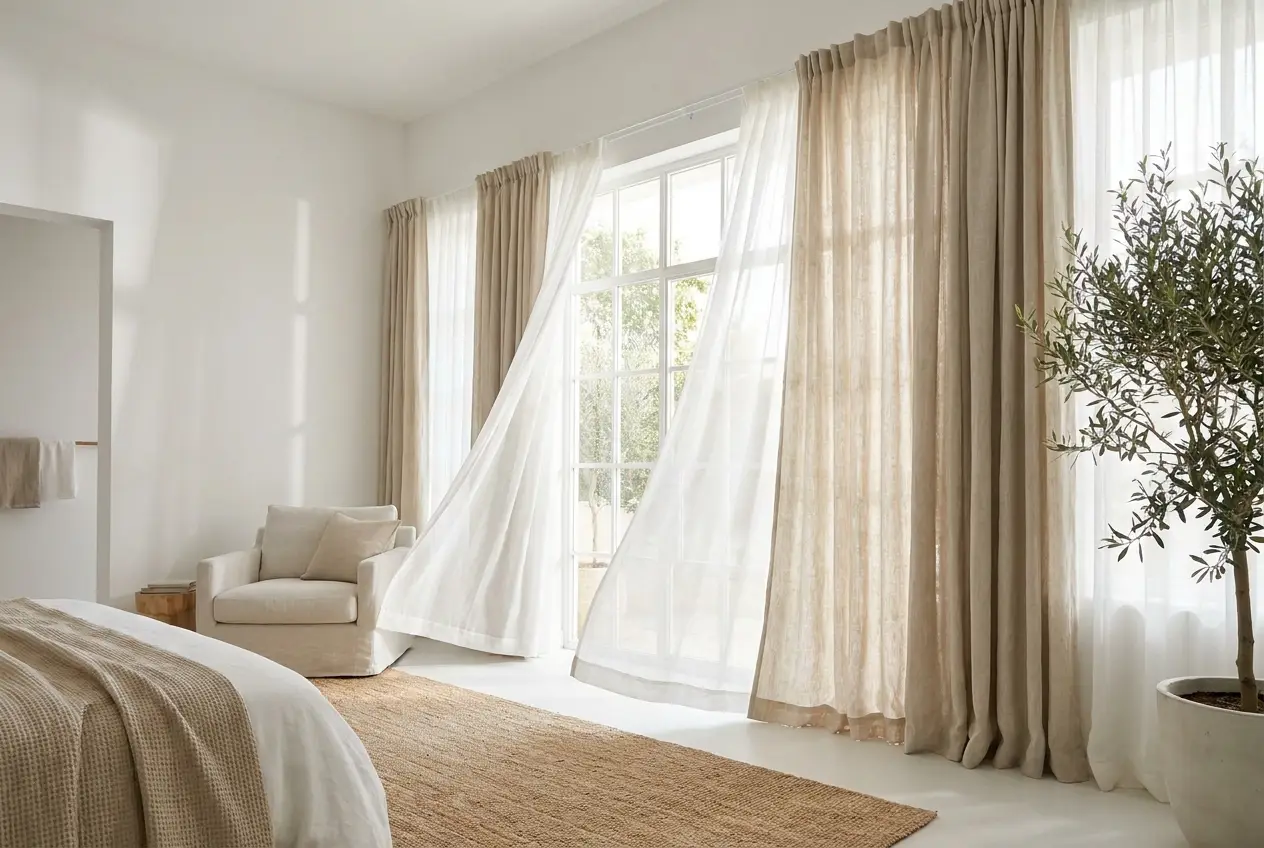 Floor-length custom drapery with valance glowing in warm golden-hour light