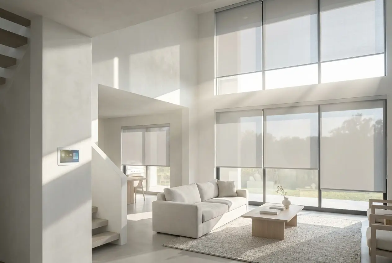 Motorized roller shades half-lowered on tall two-story windows in a modern smart home