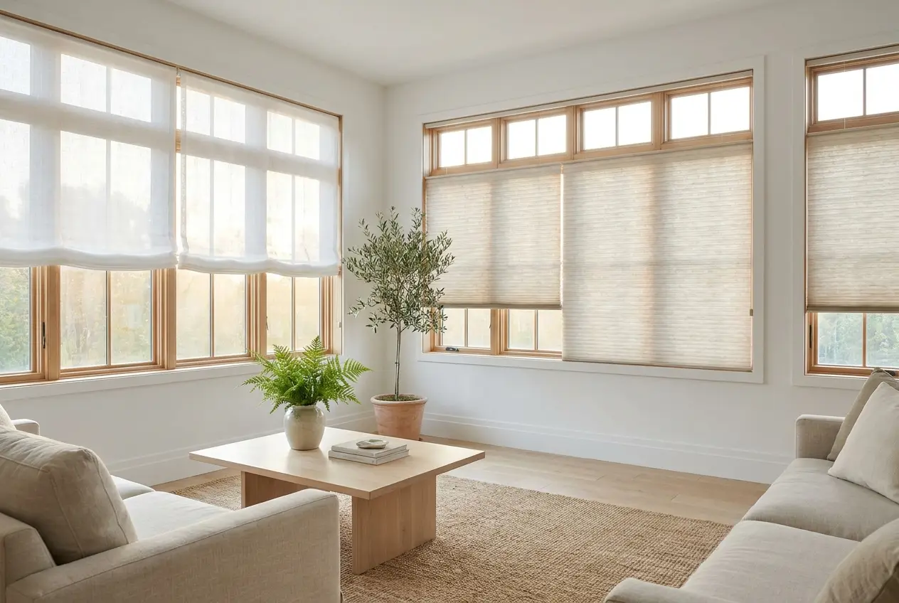 Cellular and roller shades glowing with warm evening light in an upscale living room