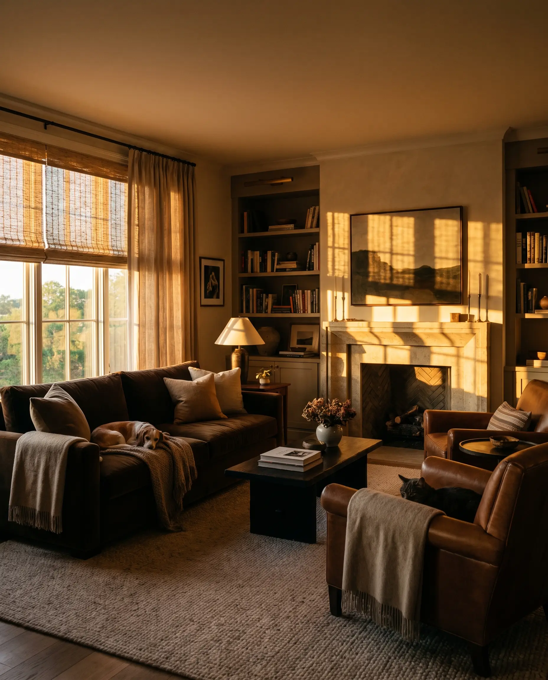 Warm evening light in a cozy family living room with woven shades and drapery, a dog asleep on the sofa